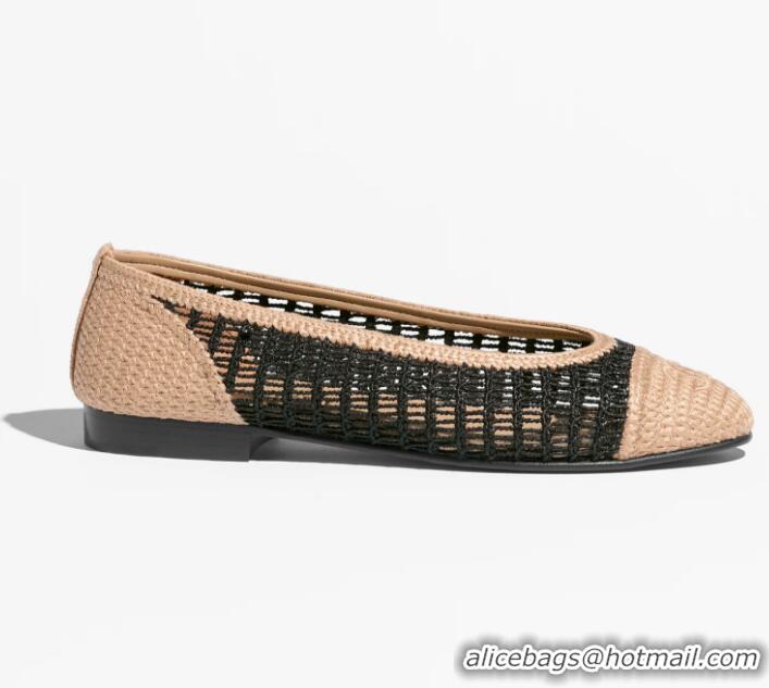 Top Grade New Chanel Ballet Flats In Raffia G46352 Black/Beige 2025