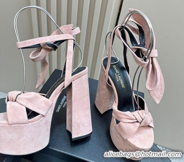 Good Looking Saint Laurent Laced-up Platform Sandals 14cm in Suede Light Pink 1226064