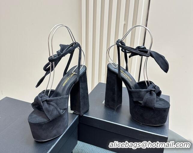 Unique Style Saint Laurent Laced-up Platform Sandals 14cm in Suede Black 1226065