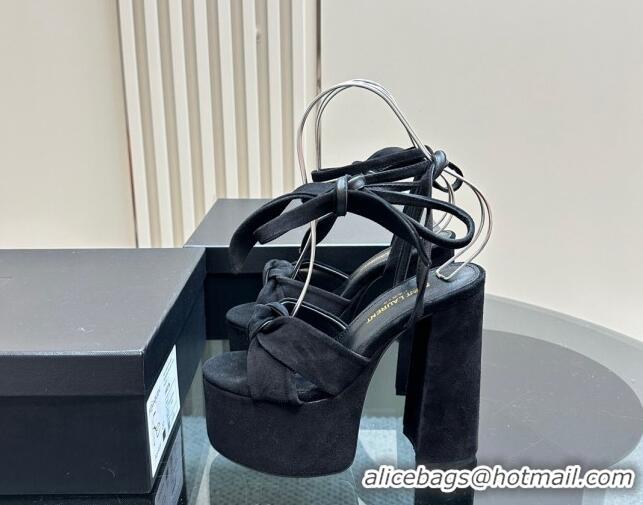 Unique Style Saint Laurent Laced-up Platform Sandals 14cm in Suede Black 1226065