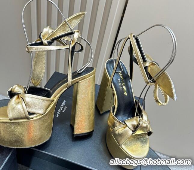 Pretty Style Saint Laurent Laced-up Platform Sandals 14cm in Calfskin Leather Gold 1226066