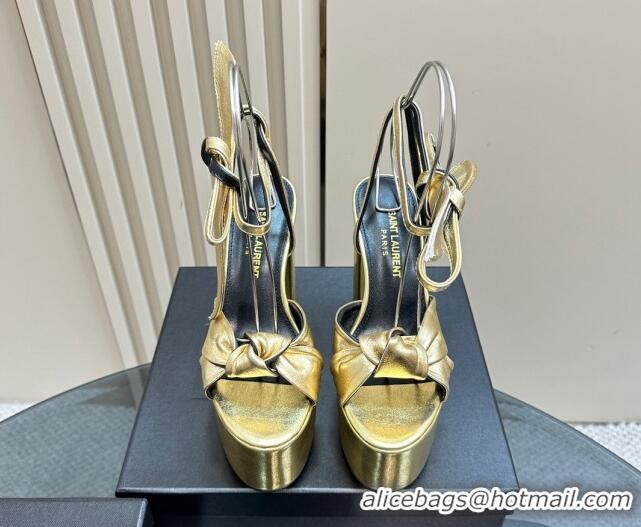 Pretty Style Saint Laurent Laced-up Platform Sandals 14cm in Calfskin Leather Gold 1226066