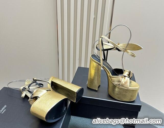 Pretty Style Saint Laurent Laced-up Platform Sandals 14cm in Calfskin Leather Gold 1226066