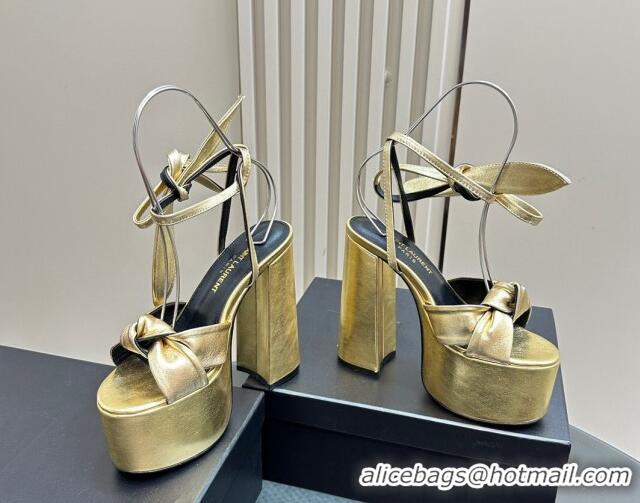 Pretty Style Saint Laurent Laced-up Platform Sandals 14cm in Calfskin Leather Gold 1226066