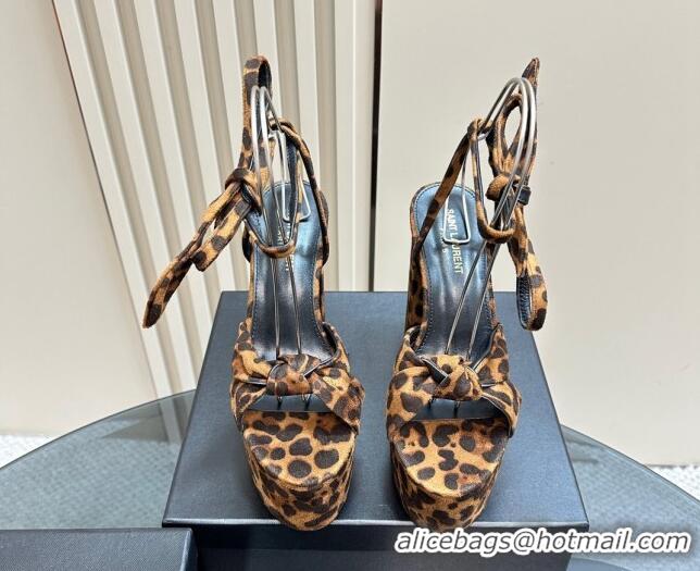 Durable Saint Laurent Laced-up Platform Sandals 14cm in Leopard Print Suede 1226068