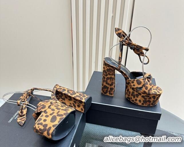 Durable Saint Laurent Laced-up Platform Sandals 14cm in Leopard Print Suede 1226068