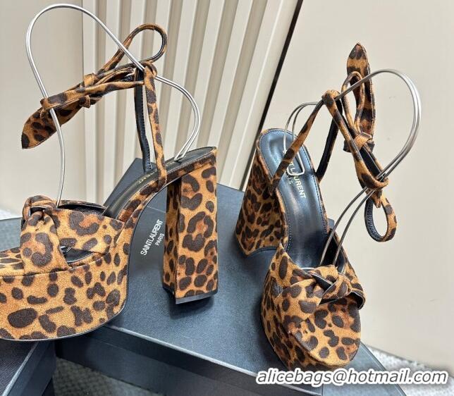 Durable Saint Laurent Laced-up Platform Sandals 14cm in Leopard Print Suede 1226068