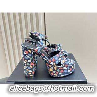 Best Product Saint Laurent Bianca Platform Sandals 12.5cm in Heart Print Suede Blue 1226069