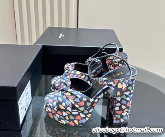 Best Product Saint Laurent Bianca Platform Sandals 12.5cm in Heart Print Suede Blue 1226069