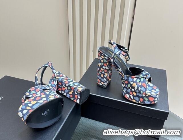 Best Product Saint Laurent Bianca Platform Sandals 12.5cm in Heart Print Suede Blue 1226069