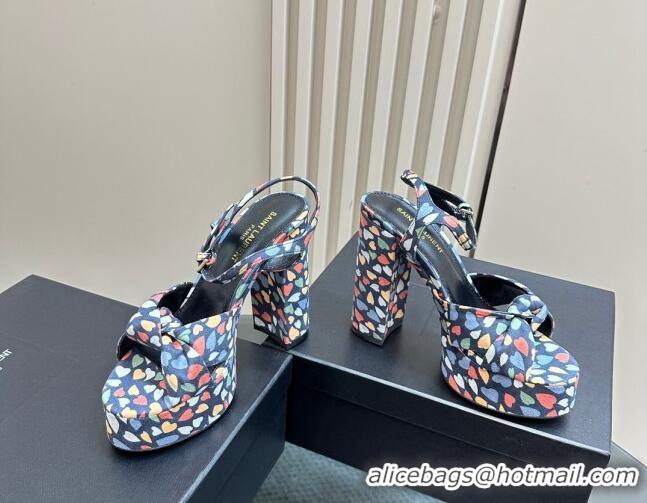 Best Product Saint Laurent Bianca Platform Sandals 12.5cm in Heart Print Suede Blue 1226069