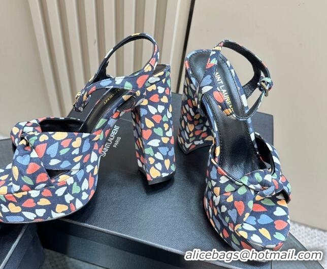 Best Product Saint Laurent Bianca Platform Sandals 12.5cm in Heart Print Suede Blue 1226069