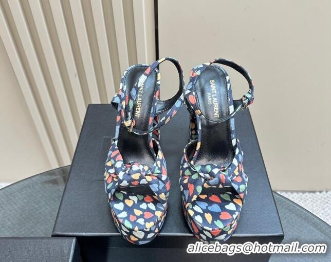 Best Product Saint Laurent Bianca Platform Sandals 12.5cm in Heart Print Suede Blue 1226069