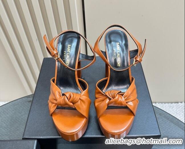 Top Design Saint Laurent Bianca Platform Sandals 12.5cm in Shiny Calfskin Brown 1226071