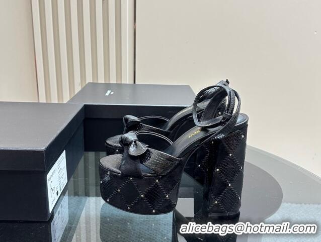 Charming Saint Laurent Bianca Platform Sandals 14cm in Black Snakeskin Embossed Leather with Studs 1226074