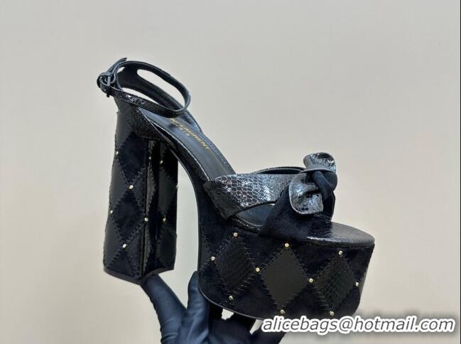 Charming Saint Laurent Bianca Platform Sandals 14cm in Black Snakeskin Embossed Leather with Studs 1226074