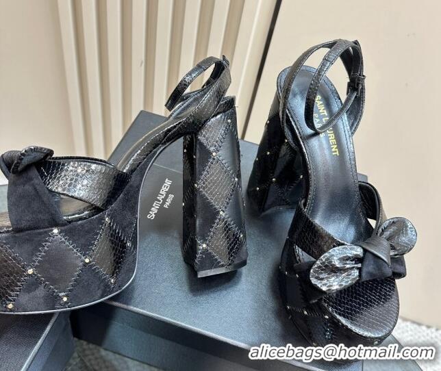 Charming Saint Laurent Bianca Platform Sandals 14cm in Black Snakeskin Embossed Leather with Studs 1226074