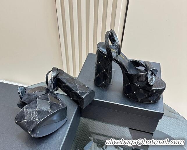 Charming Saint Laurent Bianca Platform Sandals 14cm in Black Snakeskin Embossed Leather with Studs 1226074