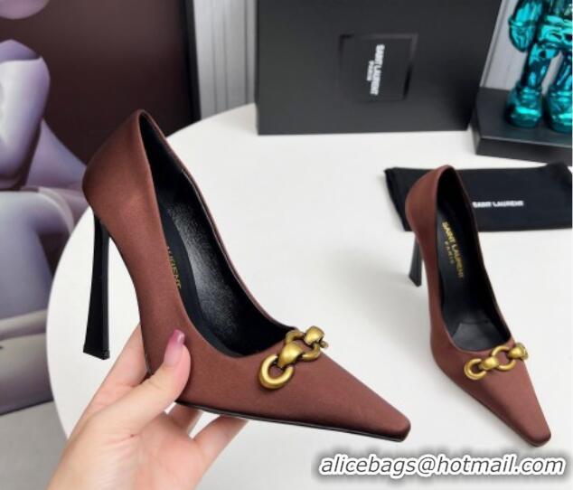 Grade Saint Laurent Le Maillon High Heel Pumps 11cm in Satin Brown 1226086