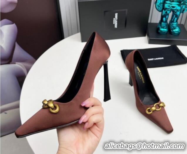 Grade Saint Laurent Le Maillon High Heel Pumps 11cm in Satin Brown 1226086