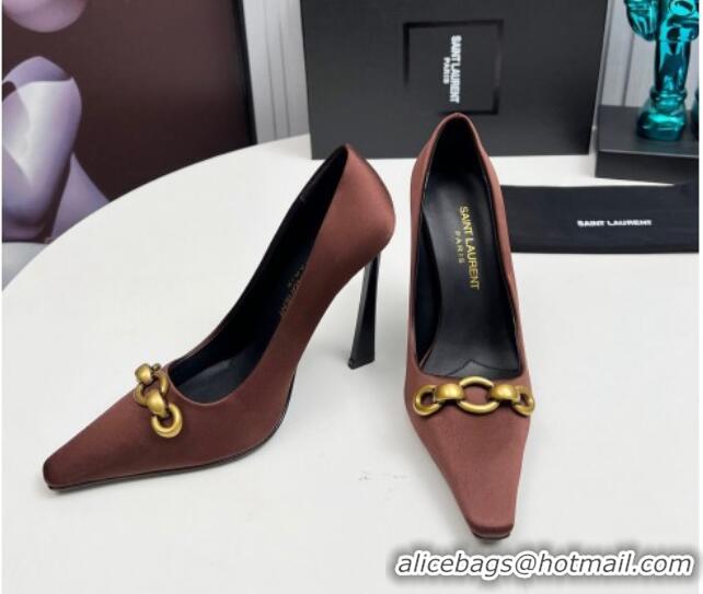 Grade Saint Laurent Le Maillon High Heel Pumps 11cm in Satin Brown 1226086