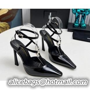 Popular Style Saint Laurent Slingback Pumps 11cm in Patent Leather with Strass Buckle Strap Black 1226087