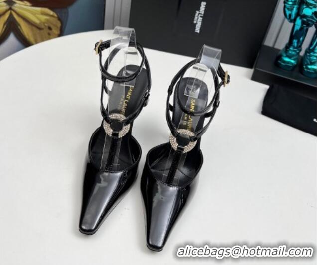 Popular Style Saint Laurent Slingback Pumps 11cm in Patent Leather with Strass Buckle Strap Black 1226087