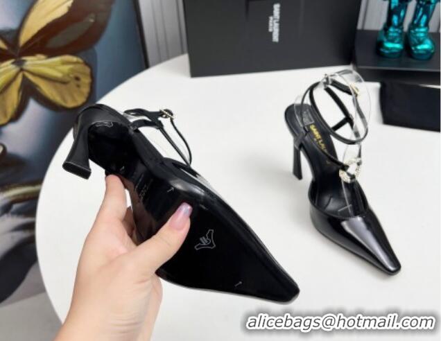 Popular Style Saint Laurent Slingback Pumps 11cm in Patent Leather with Strass Buckle Strap Black 1226087