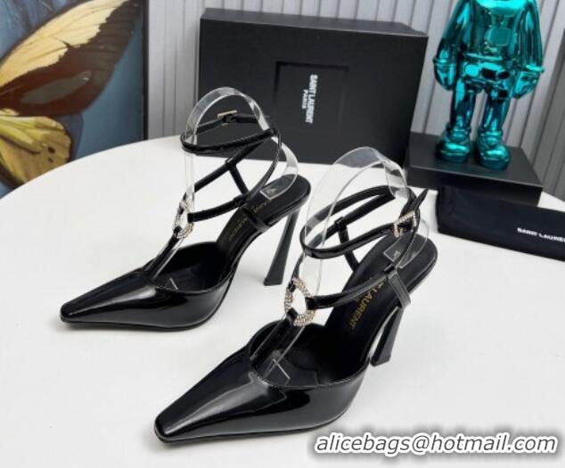 Popular Style Saint Laurent Slingback Pumps 11cm in Patent Leather with Strass Buckle Strap Black 1226087