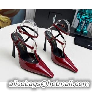 Crafted Saint Laurent Slingback Pumps 11cm in Patent Leather with Strass Buckle Strap Burgundy 1226088