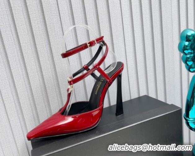 Crafted Saint Laurent Slingback Pumps 11cm in Patent Leather with Strass Buckle Strap Burgundy 1226088