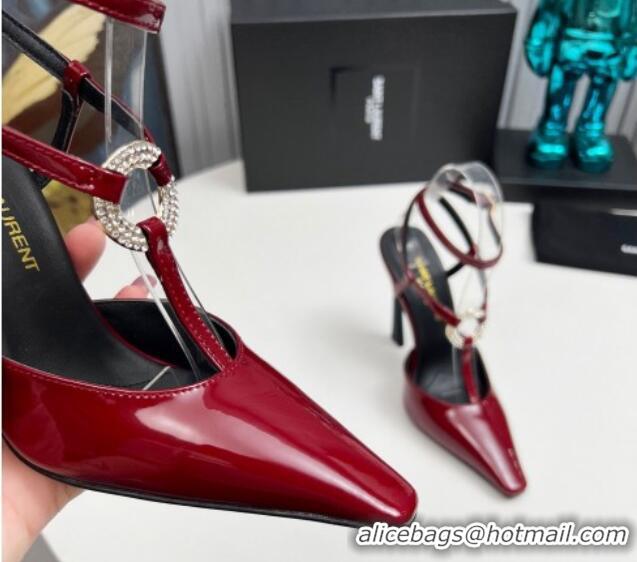 Crafted Saint Laurent Slingback Pumps 11cm in Patent Leather with Strass Buckle Strap Burgundy 1226088