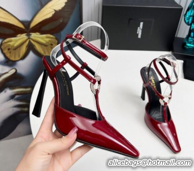 Crafted Saint Laurent Slingback Pumps 11cm in Patent Leather with Strass Buckle Strap Burgundy 1226088