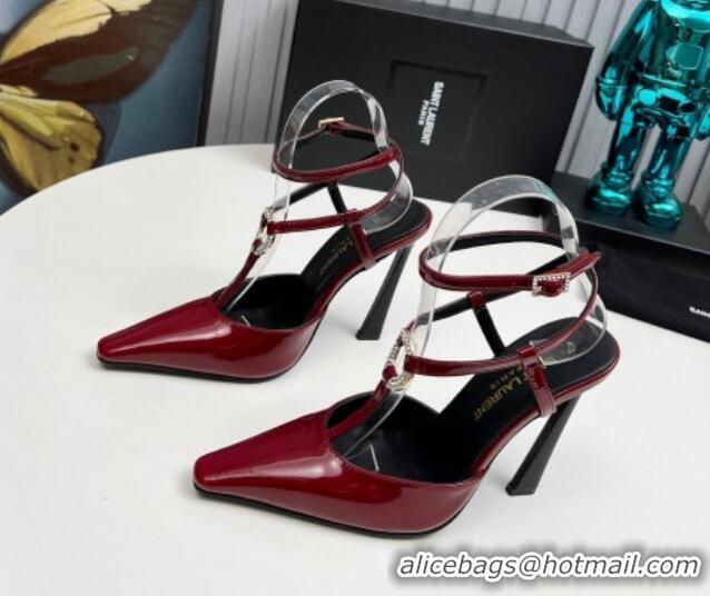 Crafted Saint Laurent Slingback Pumps 11cm in Patent Leather with Strass Buckle Strap Burgundy 1226088