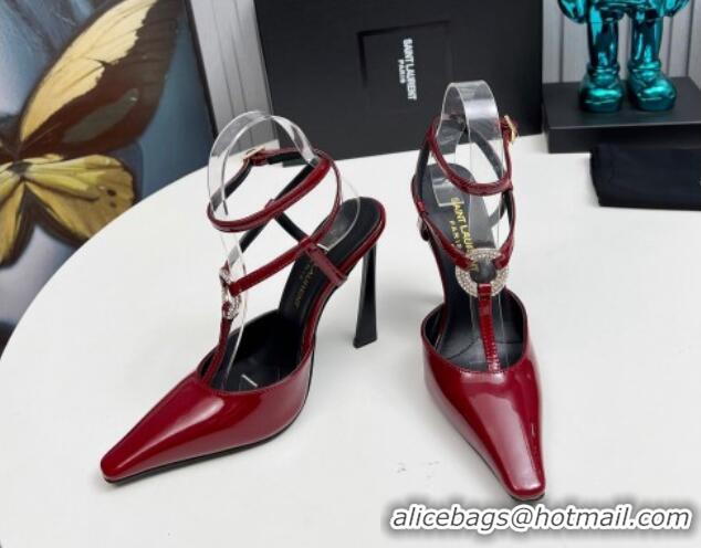 Crafted Saint Laurent Slingback Pumps 11cm in Patent Leather with Strass Buckle Strap Burgundy 1226088