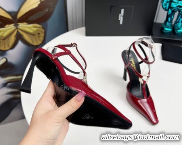 Crafted Saint Laurent Slingback Pumps 11cm in Patent Leather with Strass Buckle Strap Burgundy 1226088