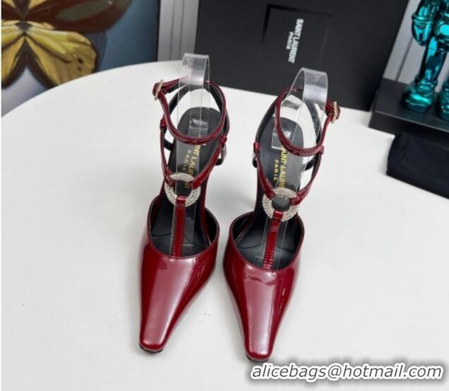 Crafted Saint Laurent Slingback Pumps 11cm in Patent Leather with Strass Buckle Strap Burgundy 1226088