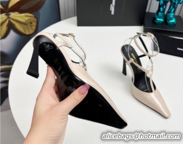 Best Price Saint Laurent Slingback Pumps 11cm in Patent Leather with Strass Buckle Strap Light Beige 1226089