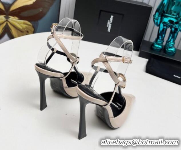 Best Price Saint Laurent Slingback Pumps 11cm in Patent Leather with Strass Buckle Strap Light Beige 1226089