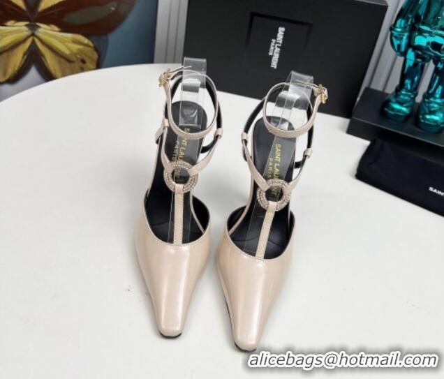 Best Price Saint Laurent Slingback Pumps 11cm in Patent Leather with Strass Buckle Strap Light Beige 1226089