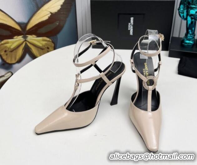 Best Price Saint Laurent Slingback Pumps 11cm in Patent Leather with Strass Buckle Strap Light Beige 1226089