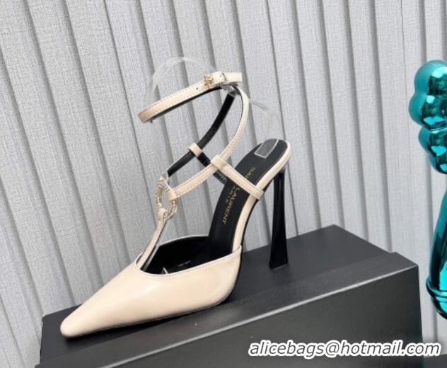 Best Price Saint Laurent Slingback Pumps 11cm in Patent Leather with Strass Buckle Strap Light Beige 1226089