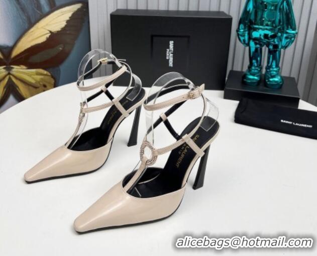 Best Price Saint Laurent Slingback Pumps 11cm in Patent Leather with Strass Buckle Strap Light Beige 1226089