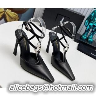 Top Design Saint Laurent Slingback Pumps 11cm in Calfskin Leather with Strass Buckle Strap Black 1226090