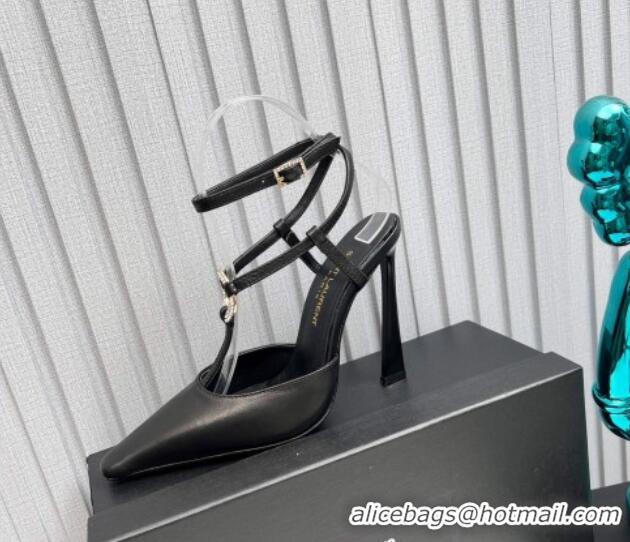 Top Design Saint Laurent Slingback Pumps 11cm in Calfskin Leather with Strass Buckle Strap Black 1226090