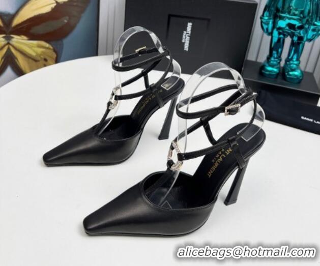 Top Design Saint Laurent Slingback Pumps 11cm in Calfskin Leather with Strass Buckle Strap Black 1226090