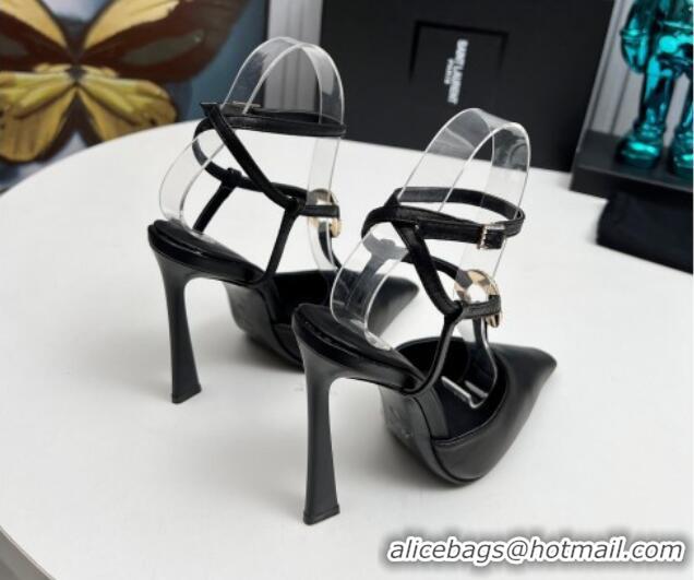 Top Design Saint Laurent Slingback Pumps 11cm in Calfskin Leather with Strass Buckle Strap Black 1226090