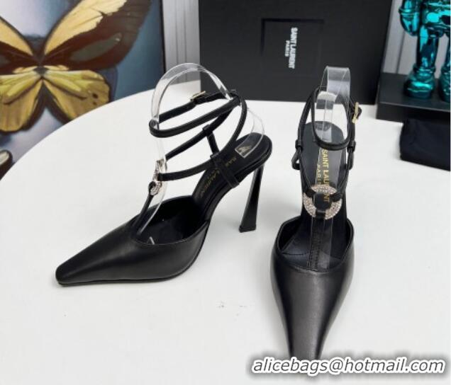 Top Design Saint Laurent Slingback Pumps 11cm in Calfskin Leather with Strass Buckle Strap Black 1226090