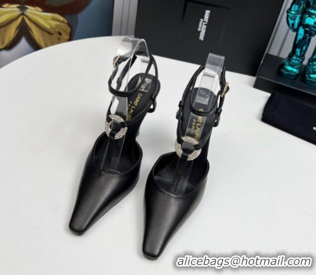 Top Design Saint Laurent Slingback Pumps 11cm in Calfskin Leather with Strass Buckle Strap Black 1226090