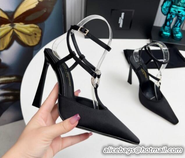 Sumptuous Saint Laurent Slingback Pumps 11cm in Satin with Strass Buckle Strap Black 1226091